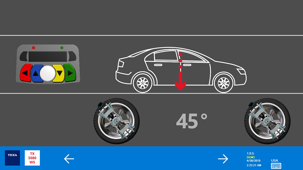 Die 4 Sensoren auf die entsprechenden Radgreifer setzen und den Run Out durchführen. Dann das Fahrzeug festsetzen, wenn die Radgreifer um 45° geneigt sind. Anschließend das Fahrzeug soweit vorwärts bewegen bis sie sich in vertikaler Position befinden.